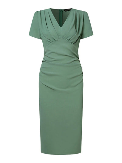 Robe De Soirée Élégante Col En V Slim Fit Bureau Travail Robe D'été Mode Robe D'été Solide Robes Plissées