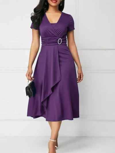 Robes d'été élégantes pour femmes, couleur unie, manches courtes, col en V, ourlet asymétrique, taille serrée, mi-longue, robe de soirée pour dames