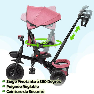 Vélo Tricycle 6 en 1 pour enfants de 10 mois à 5 ans, poussette, siège réversible, pliable.
