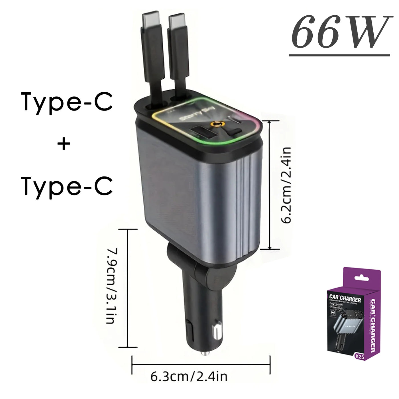 Chargeur voiture rétractable Starlight 4 en 1 – Câble USB Type-C à charge rapide pour iPhone et autres
