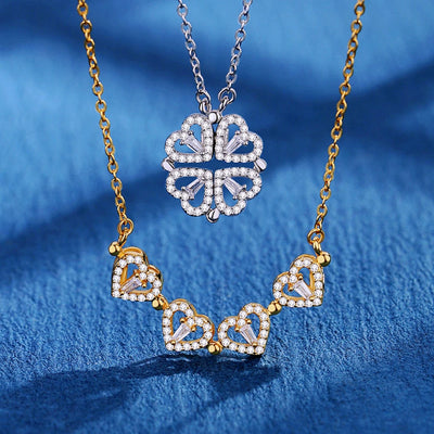 BARESY gold heart chain and silver clover pendant displayed on blue backdrop stainless steel magnetic pendant necklace