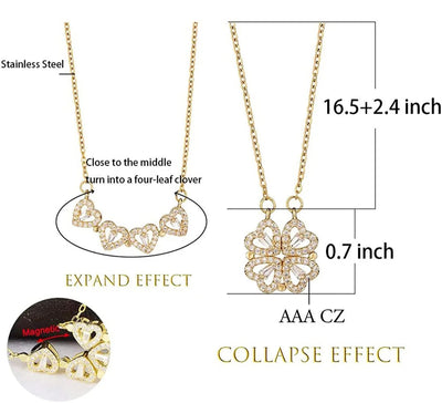 BARESY gold stainless steel magnetic pendant necklace expandable hearts collapse to four leaf clover with CZ accents