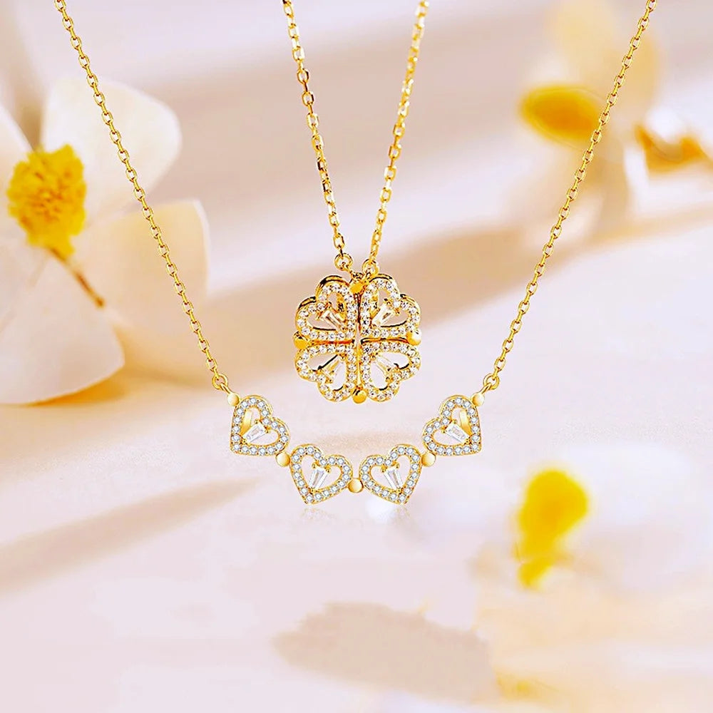 BARESY gold layered necklace with clover and linked heart crystal pendants stainless steel magnetic pendant necklace