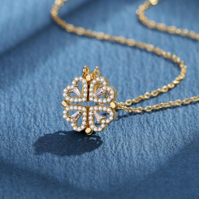 BARESY gold four leaf clover crystal pendant on delicate chain stainless steel magnetic pendant necklace