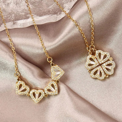 BARESY gold plated stainless steel magnetic pendant necklace set with crystal heart and clover