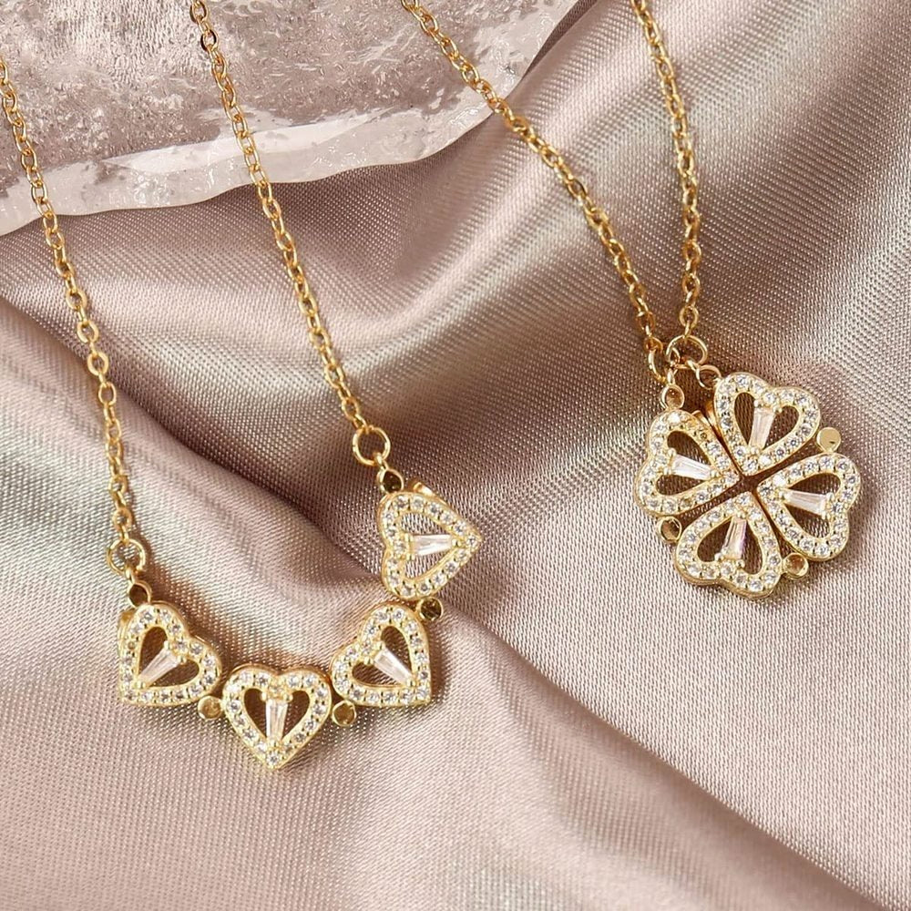 BARESY gold plated layered necklaces with heart and clover charms sparkling pave stones stainless steel magnetic pendant necklace