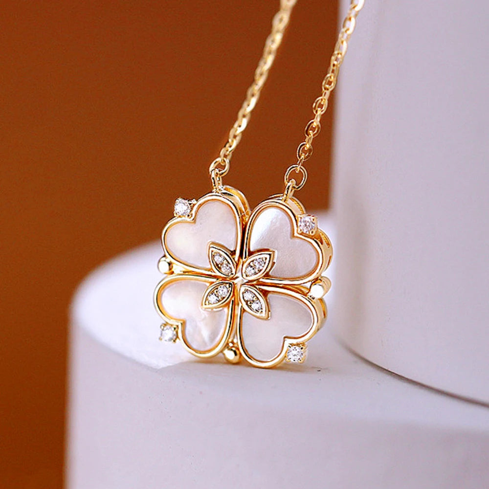 BARESY stainless steel magnetic pendant necklace gold four leaf clover with mother of pearl and crystal accents
