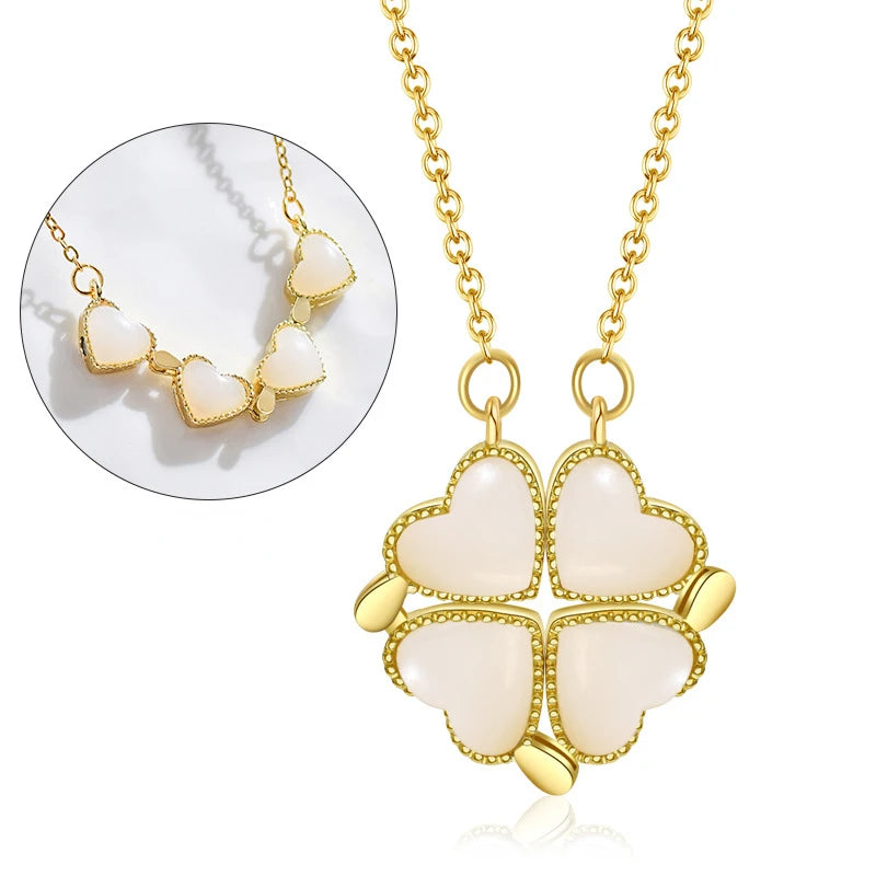 BARESY gold heart four leaf clover pendant on chain white inlay details stainless steel magnetic pendant necklace for daily wear