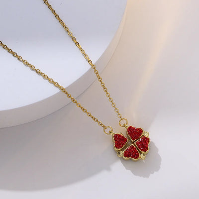 BARESY gold chain necklace with red heart clover pendant on stainless steel magnetic pendant necklace