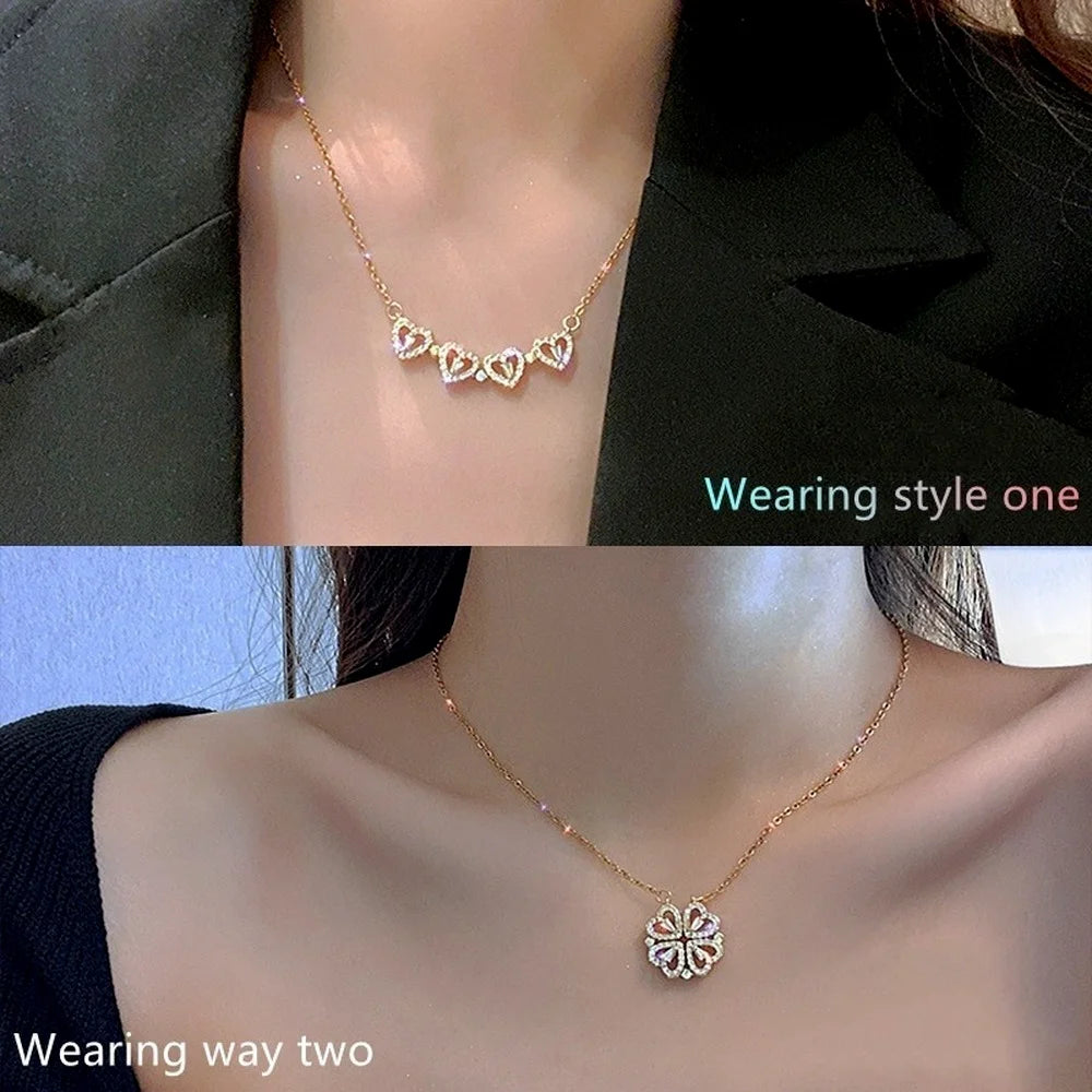 BARESY gold tone convertible stainless steel magnetic pendant necklace showing heart cluster and floral pendant two ways