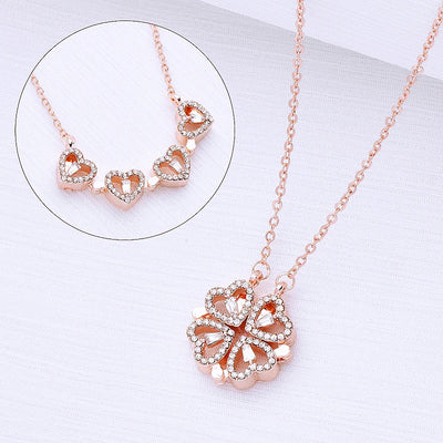 BARESY rose gold heart flower pendant with crystal accents on chain stainless steel magnetic pendant necklace