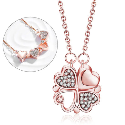 BARESY rose gold four leaf clover heart pendant with crystals stainless steel magnetic pendant necklace