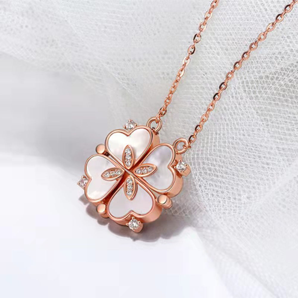 BARESY rose gold clover pendant with mother of pearl and crystals on delicate chain stainless steel magnetic pendant necklace