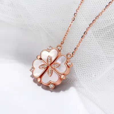 BARESY rose gold clover pendant with mother of pearl and crystals on delicate chain stainless steel magnetic pendant necklace