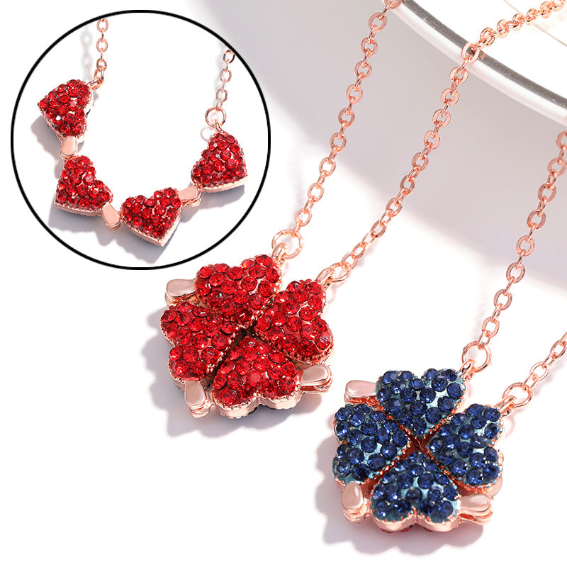 BARESY rose gold chains with red and blue crystal four leaf clover stainless steel magnetic pendant necklace set