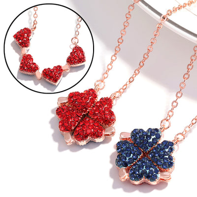BARESY rose gold chains with red and blue crystal four leaf clover stainless steel magnetic pendant necklace set