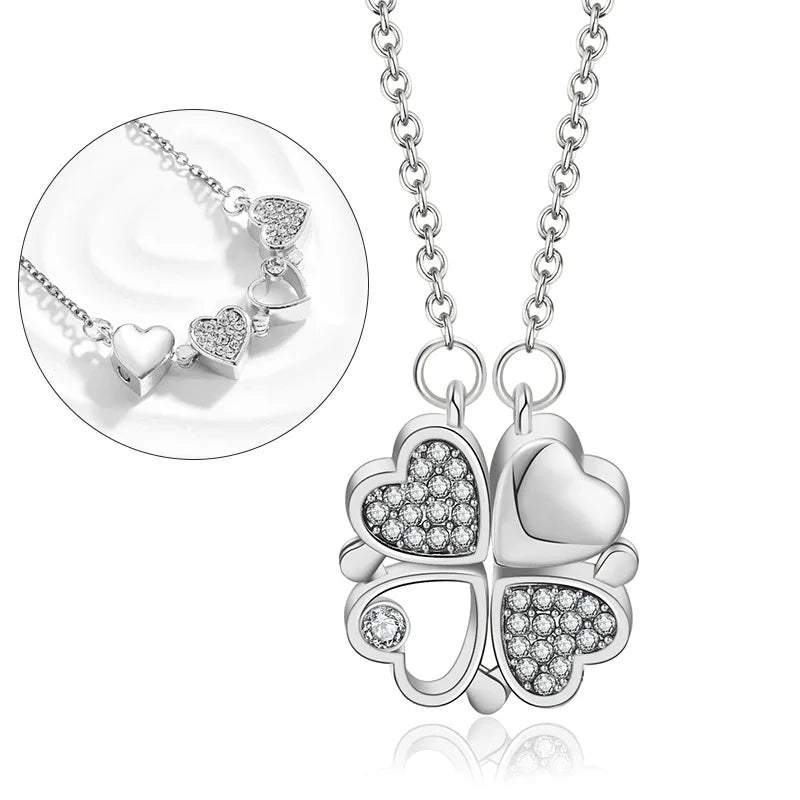BARESY stainless steel magnetic pendant necklace four heart clover with crystal accents on silver chain