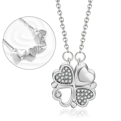 BARESY stainless steel magnetic pendant necklace four heart clover with crystal accents on silver chain