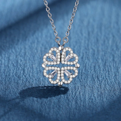 BARESY four leaf clover pendant with sparkling crystals on silver chain stainless steel magnetic pendant necklace