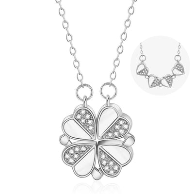 BARESY stainless steel magnetic pendant necklace silver four leaf clover of crystal and polished heart petals on chain