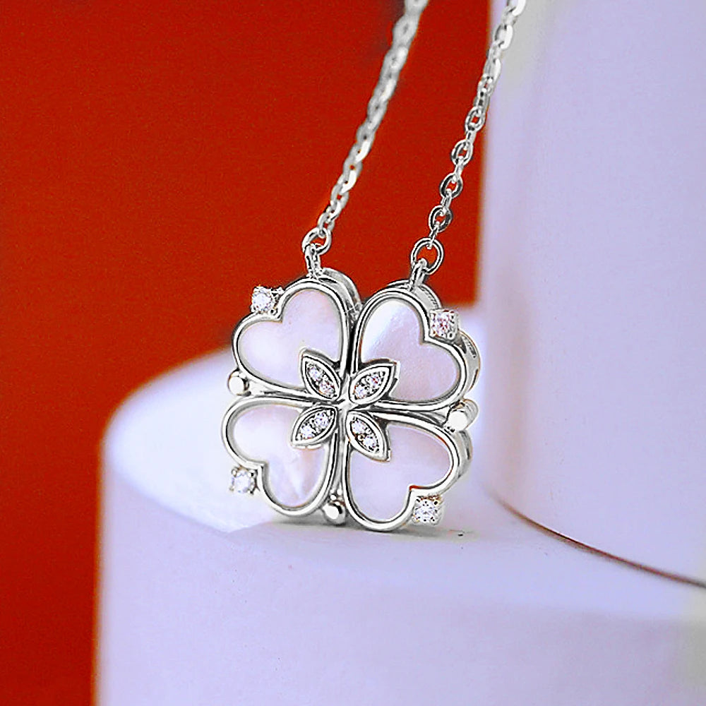 stainless steel magnetic pendant necklace four leaf clover with mother of pearl and cubic zirconia on silver chain