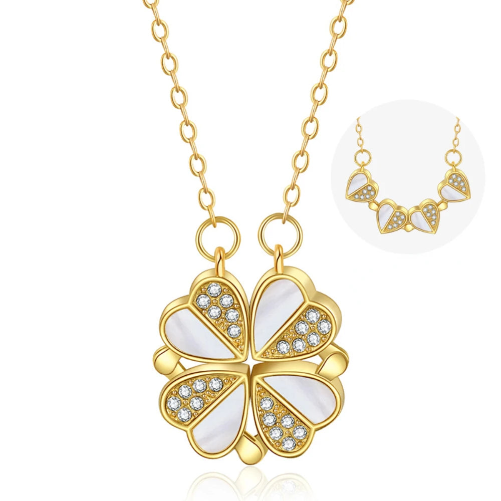 BARESY gold four leaf clover stainless steel magnetic pendant necklace with white enamel and crystals