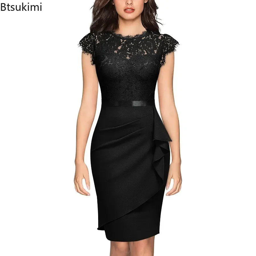 BARESY black lace cap sleeve sheath dress with waist sash and side ruffle for office robe de bureau chic femme