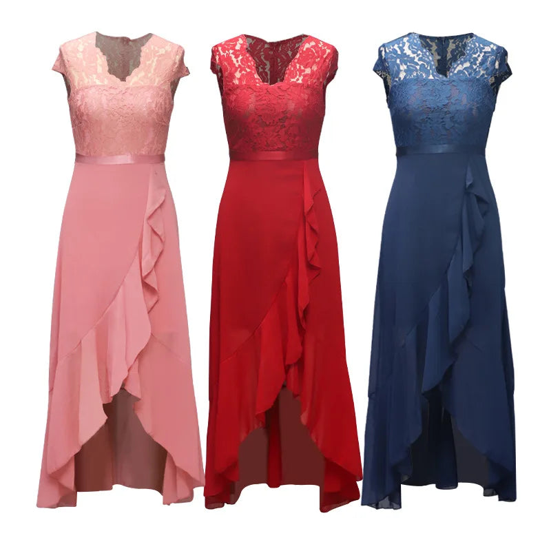 BARESY robe de bureau chic femme three lace cap sleeve high low ruffle office dresses in pink red blue