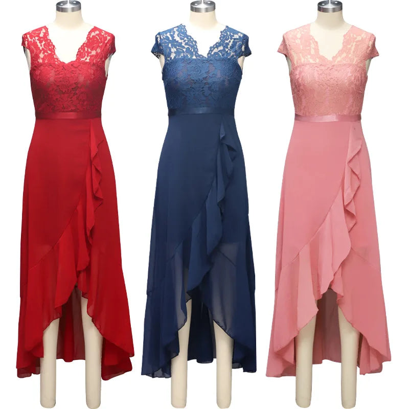 BARESY three high low lace bodice chiffon dresses on mannequins in red navy and pink robe de bureau chic femme