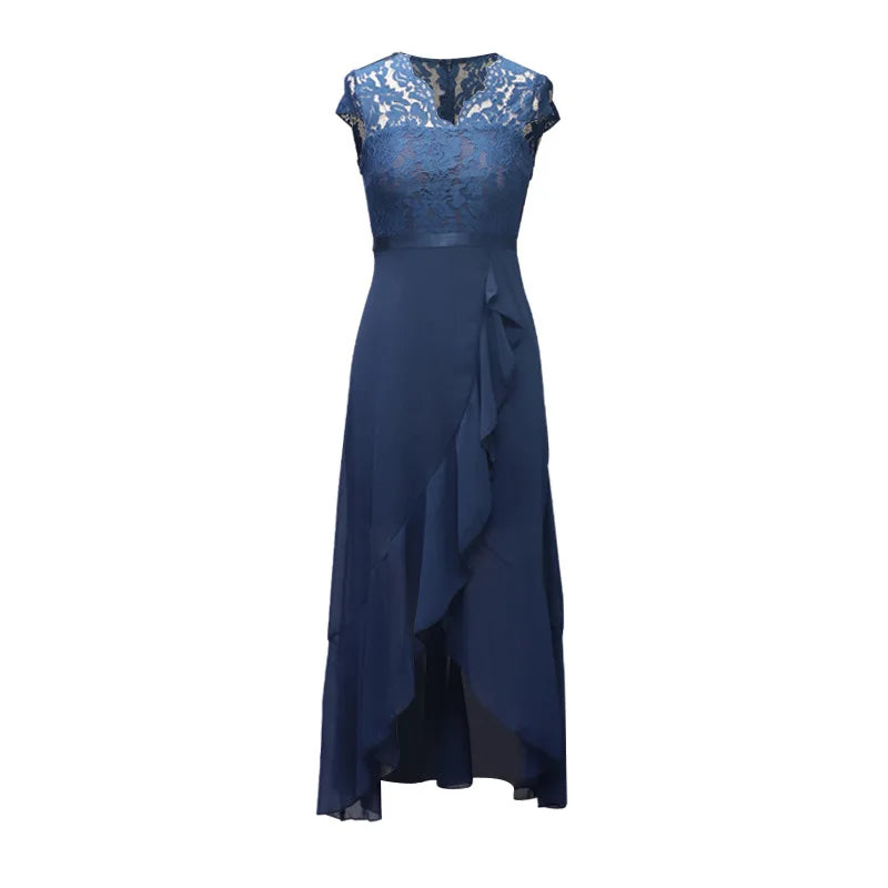 BARESY navy lace top long chiffon dress with ruffle hem elegant robe de bureau chic femme office wear