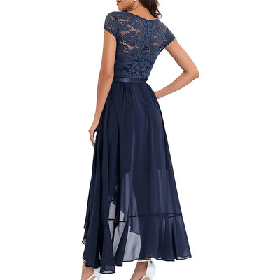 BARESY navy lace top chiffon skirt back view long dress robe de bureau chic femme with waist sash