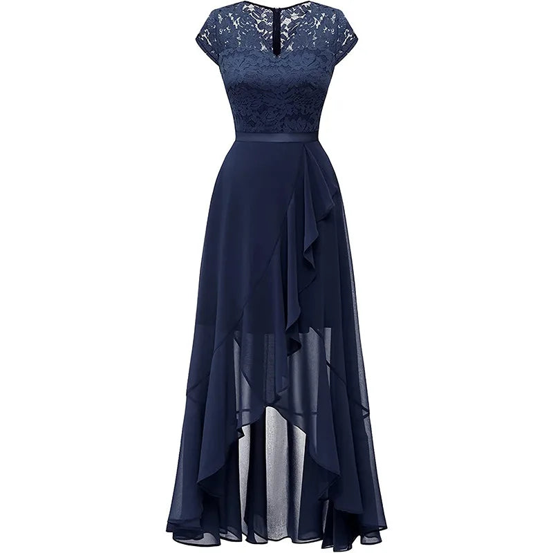 BARESY navy lace bodice chiffon skirt dress robe de bureau chic femme with cap sleeves and ruffled high low hem