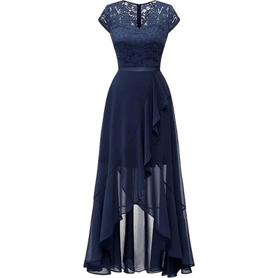 BARESY navy lace bodice chiffon skirt dress robe de bureau chic femme with cap sleeves and ruffled high low hem