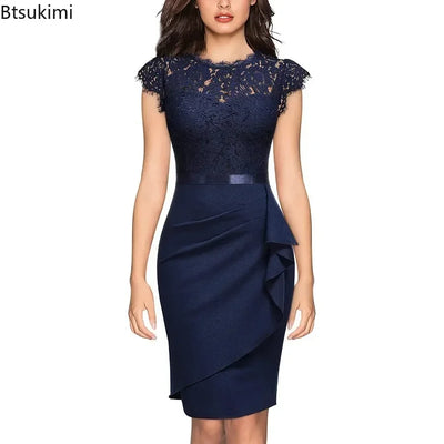 BARESY navy lace sheath dress with cap sleeves satin waist and ruffle detail robe de bureau chic femme office wear