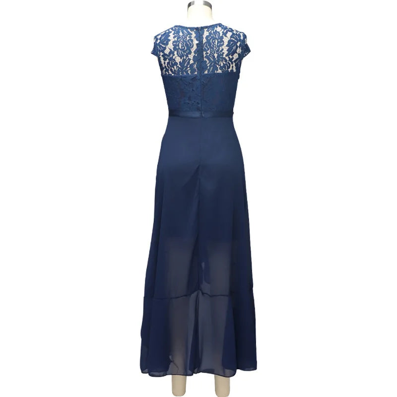 BARESY navy lace top maxi dress with chiffon skirt and fitted waist back view robe de bureau chic femme office