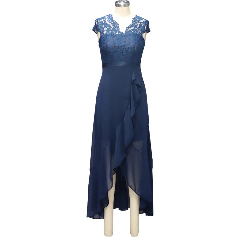 BARESY navy lace bodice chiffon high low dress with ruffle and cap sleeves robe de bureau chic femme