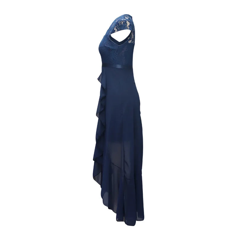 BARESY navy blue lace bodice ruffle front floor length gown for office events robe de bureau chic femme