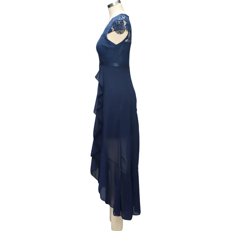 BARESY navy blue lace cap sleeve evening dress with ruffle cascade and chiffon skirt on mannequin robe de bureau chic femme