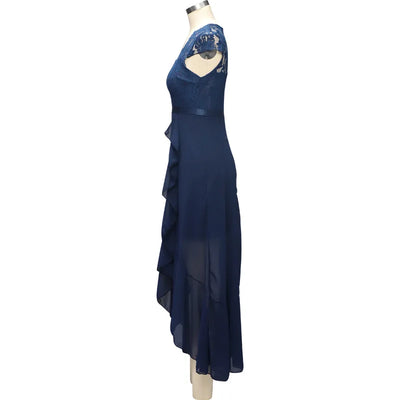 BARESY navy blue lace cap sleeve evening dress with ruffle cascade and chiffon skirt on mannequin robe de bureau chic femme
