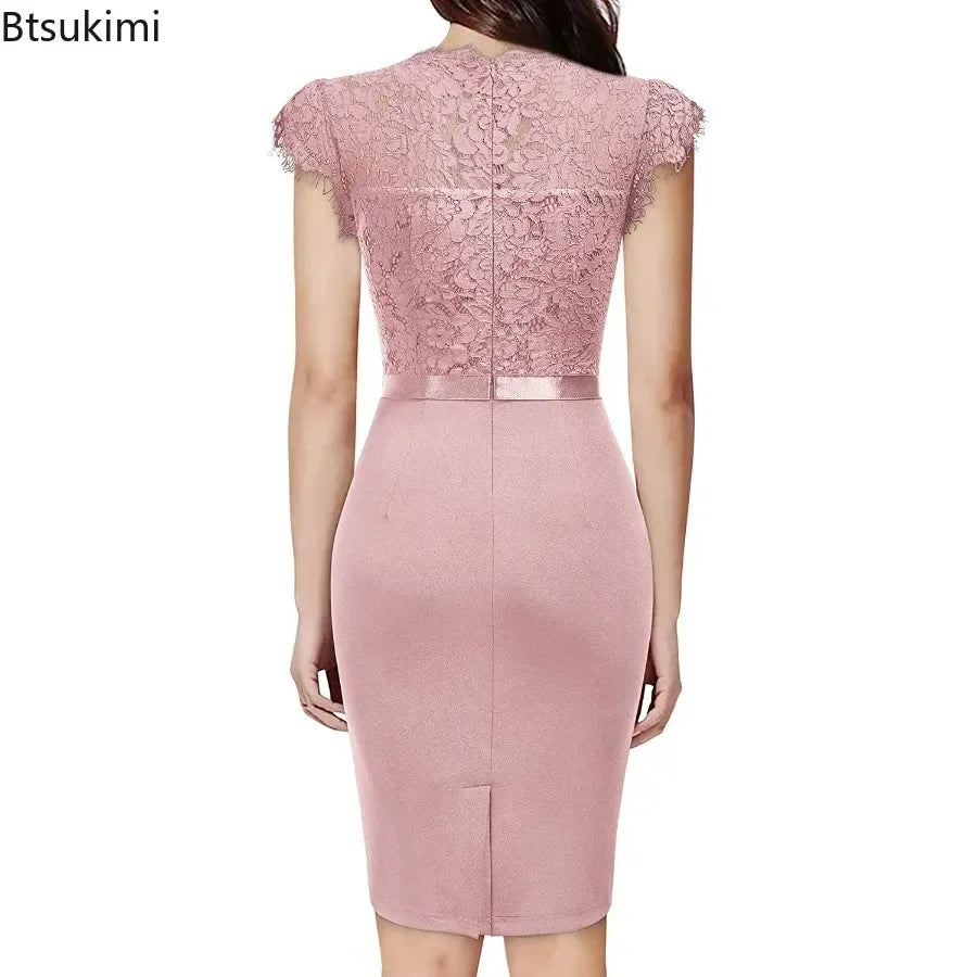 BARESY pink knee length fitted office dress with lace cap sleeves and waist belt back view robe de bureau chic femme