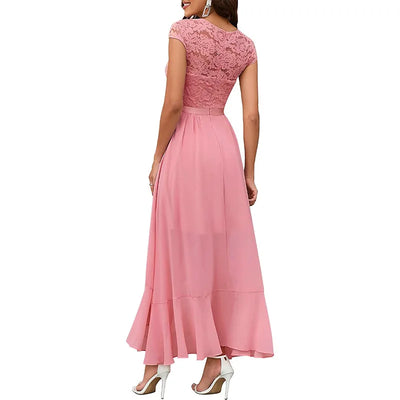 BARESY pink lace maxi dress with cap sleeves and flowy skirt back view robe de bureau chic femme