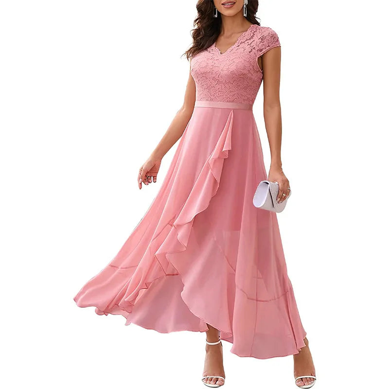 BARESY pink lace bodice chiffon maxi dress with ruffle front and cap sleeves robe de bureau chic femme