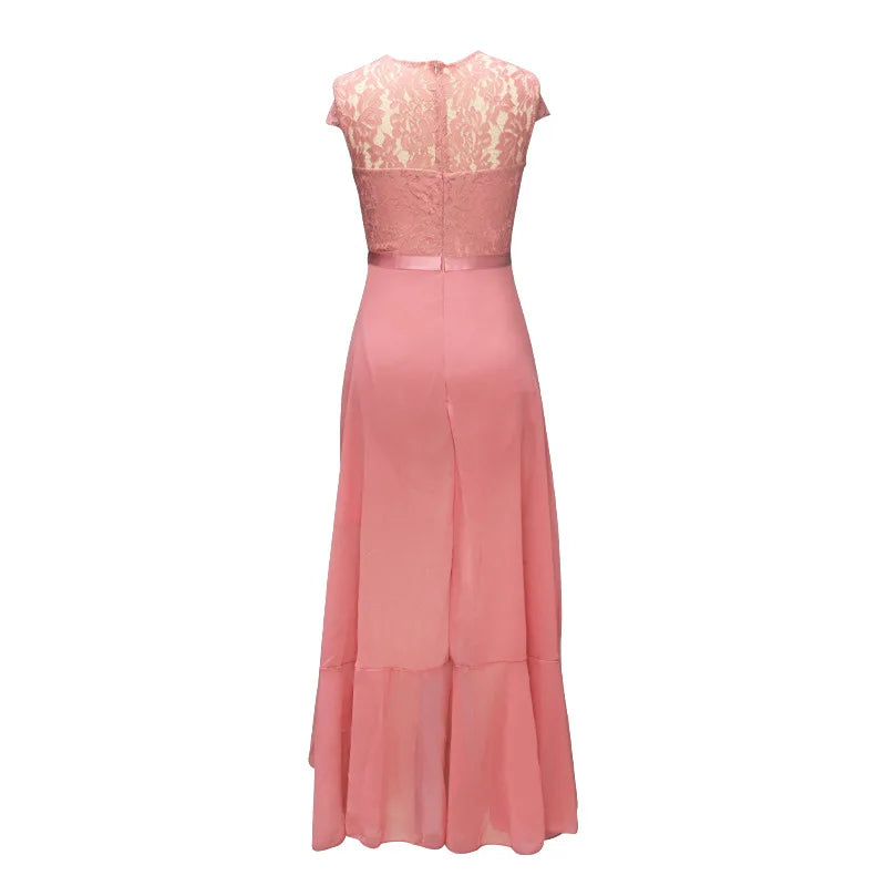 BARESY pink lace back maxi dress with cap sleeves sash waist flowing chiffon skirt robe de bureau chic femme