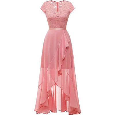 BARESY pink lace top high low chiffon dress with ruffle skirt and satin waist robe de bureau chic femme