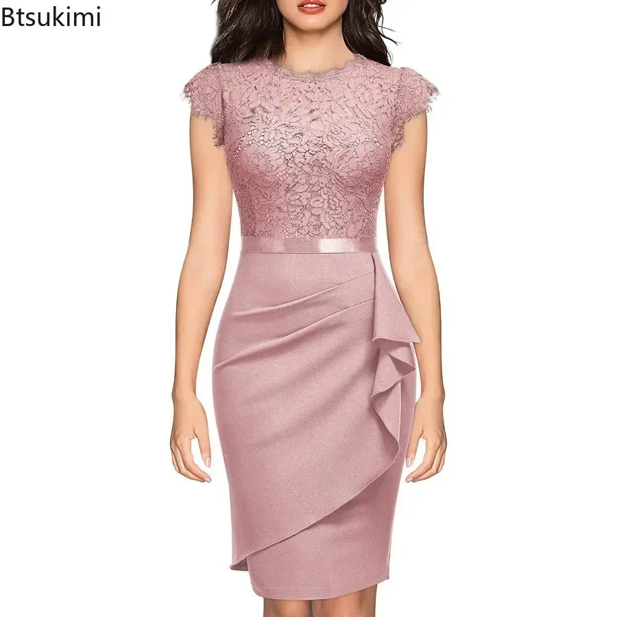 BARESY pink lace top sheath dress with cap sleeves and draped ruffle skirt robe de bureau chic femme