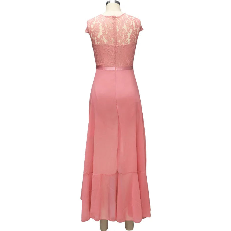 BARESY pink lace back maxi dress robe de bureau chic femme with cap sleeves waist ribbon and flowy skirt
