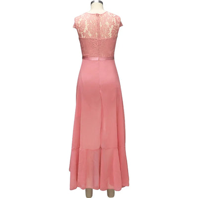 BARESY pink lace back maxi dress robe de bureau chic femme with cap sleeves waist ribbon and flowy skirt