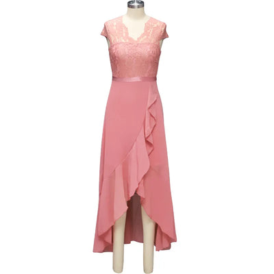 BARESY pink lace top midi dress with cap sleeves and asymmetrical ruffle skirt robe de bureau chic femme