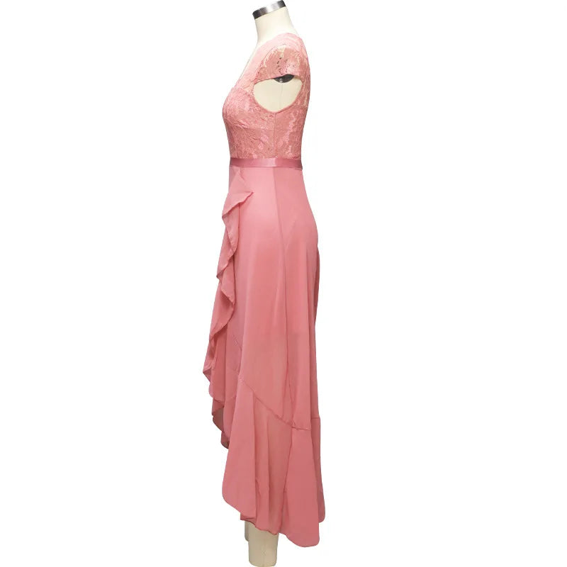 BARESY pink lace bodice chiffon skirt side view robe de bureau chic femme with satin waist and ruffle cascade