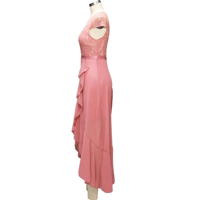 BARESY pink lace bodice chiffon skirt side view robe de bureau chic femme with satin waist and ruffle cascade